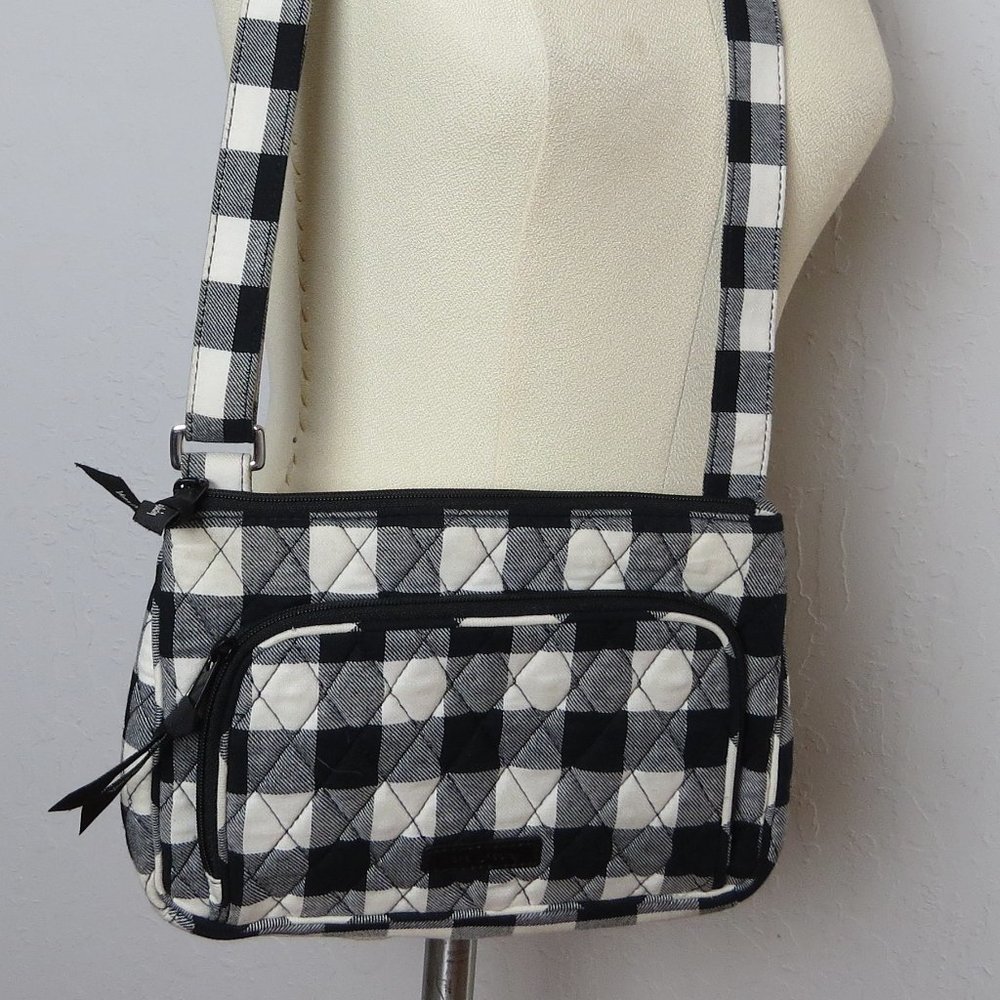 Vera Bradley Black White Buffalo Check Small Crossbody Long Handle Purse Bag
